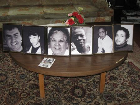 Photo from a vigil for victims of QC police violence. L to R: CLAUDIO CASTAGNETTA, 32, died in detention following his arrest by Quebec City police in '07. / BEN MATSON, 49, killed by Vancouver police in '02. / GLADYS TOLLEY, 61, killed in '01 after being struck by a SQ cruiser on the Kitigan Zibi reserve. / QUILEM REGISTRE, 39, victim of a fatal tasering by Montreal police in '07. / FREDY VILLANUEVA, 18, shot down by Montreal police in '08. / ANAS BENNIS, 25, killed by Montreal police in '05.