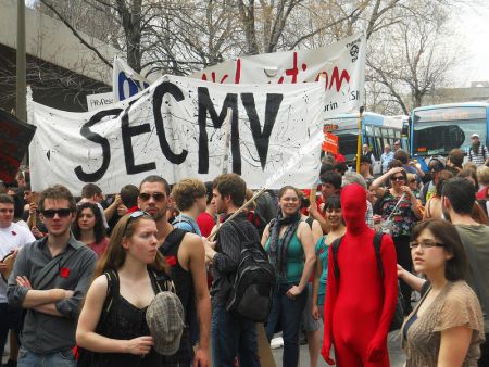 Wednesday's constitutional challenge makes the argument that student union dues should not be mandatory, in part because of the political activities of the unions such as those during last Spring's student strike. In the photo, the banner of CEGEP Marie-Victorin's student union at an anti-tuition fee increase rally. PHOTO: Tim McSorley.