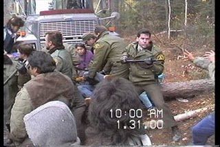 Jean Maurice Matchewan under arrest at a logging blockade in the 1980s on Barriere Lake's traditional territory.