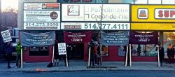 View of banners morning of November 23 in front of Trudeau'sriding office (Papineau) in Montreal. (Photo credit: Daphne Ben David)